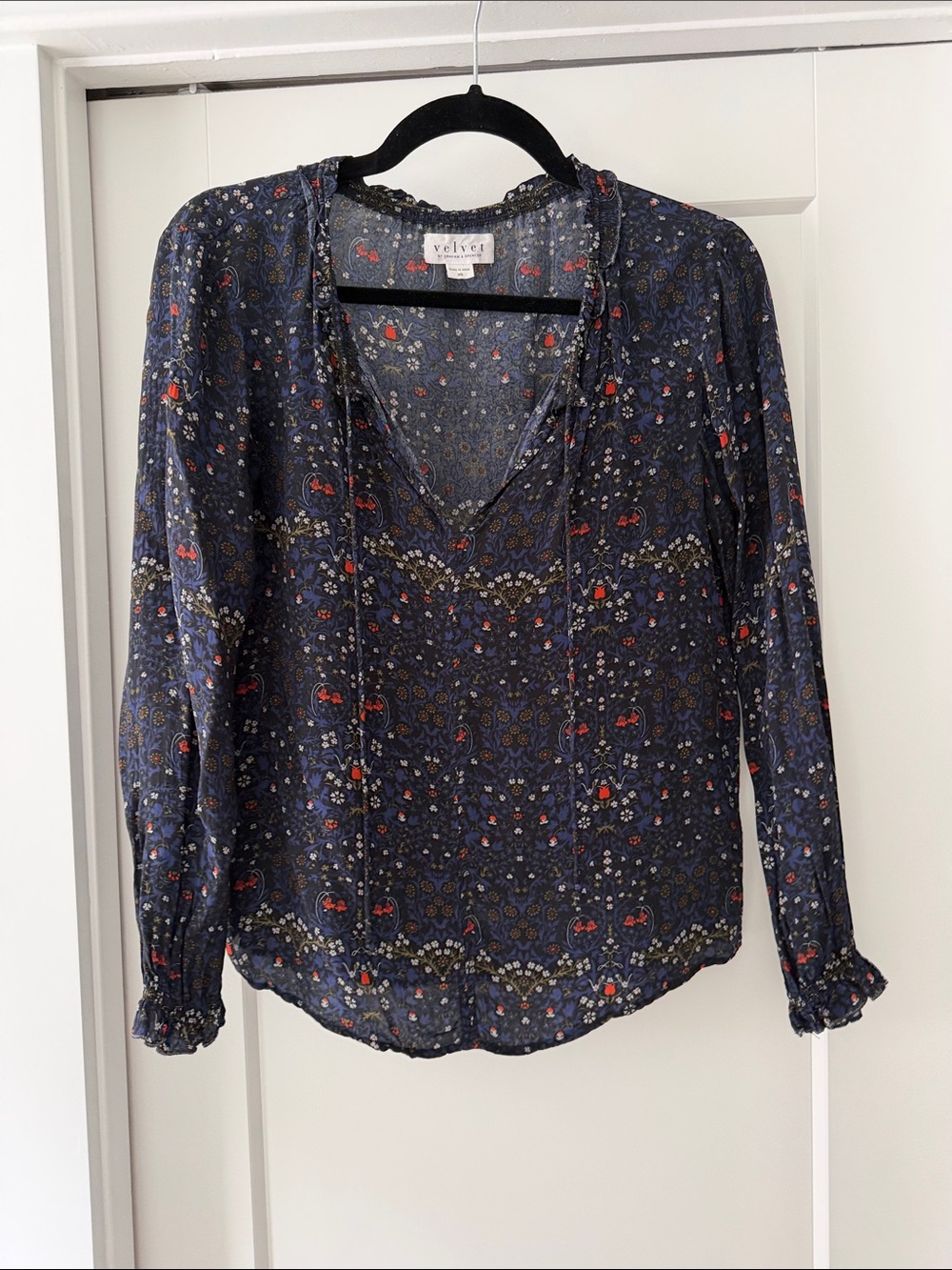 Velvet Navy Floral V-Neck Tie Blouse